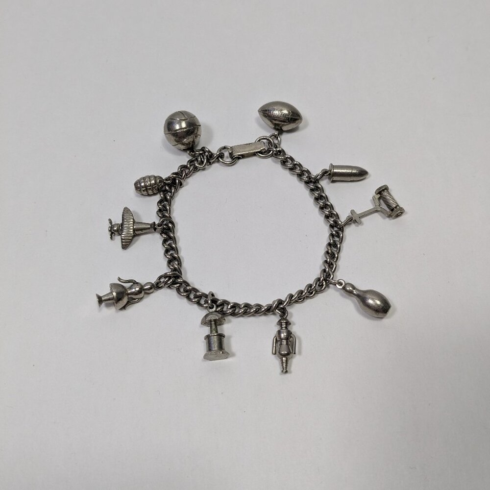 Silver Tone Charm Bracelet Sports Armed Forces 10 Charms Basketball Football